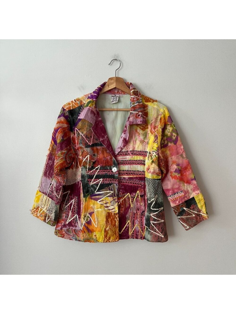 Parsley & Sage Pink Yellow Patchwork Artsy Blazer Jacket Women's Size Medium